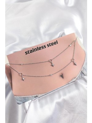Pileli Store Pilelistore  316L Çelik Zirkon Taşlı Kutup Yıldızı Model Gümüş Renk Göbek Bel Zinciri