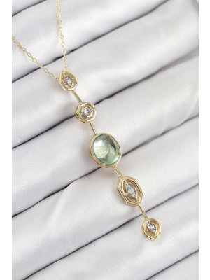 Pileli Store Pilelistore  Pirinç Zincir Yeşil Gold Renk Zirkon Taşlı Y Kolye