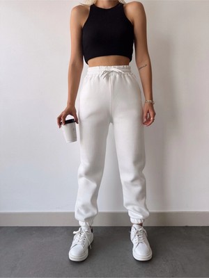 Pileli Store Üç Iplik Basic Lastikli Eşofman Pantolon - Beyaz