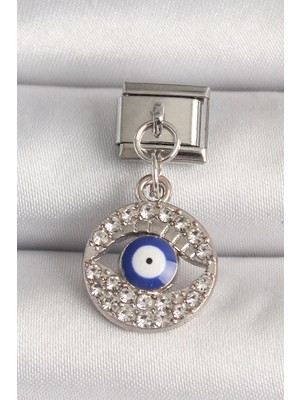 Pileli Store Pilelistore  316L Çelik Gümüş Renk Zirkon Taşlı Göz Model Nazar Boncuk Detay Nomination Charm