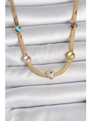 Pileli Store Pilelistore  316L Çelik Gold Renk Italyan Zincir Renkli Zirkon Taşlı Kalp Figür Kadın Kolye