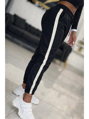 Kadın Yüksek Bel Lastikli Yan Şerit Detaylı Deri Pantolon