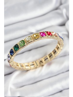 Pileli Store Pilelistore  Pirinç Karışık Zirkon Taşlı Kare Model Gold Renk Lastikli Kadın Bileklik