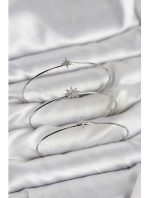 Pileli Store Pilelistore  Zirkon Taşlı Kutup Yıldızı Model Gümüş Renk 3'lü Kadın Bileklik Kombini