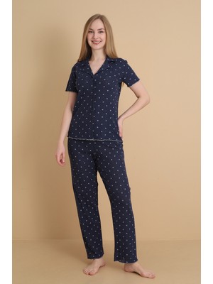 Wordex Mrn 1709 Çiçekli Pointel Ince Kumaş Düğmeli Kısa Kollu Kadın Pijama Takımı