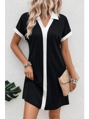 Kadın Kısa Kollu V Yakalı Onden Şerit Detaylı Yakalı Kısa Janjan Krep Elbise