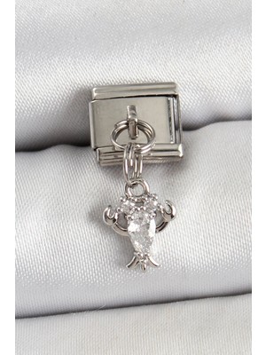 Pileli Store Pilelistore  316L Çelik Sallantılı Zirkon Taşlı Yengeç Model Gümüş Renk Nomination Charm