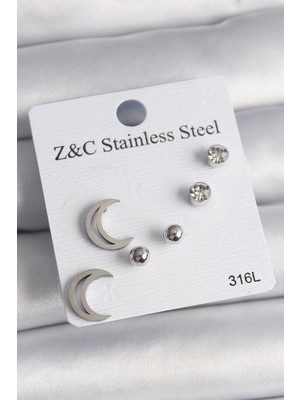 Pileli Store Pilelistore  316L Çelik Gümüş Renk Zirkon Taşlı Hilal Model Kadın Küpe Seti