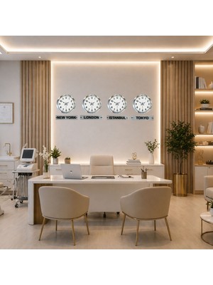 Alpotekno SilverLine 4’lü 36 Cm Krom Metal Tabelalı Dünya Saat Seti