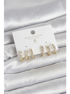 Pileli Store Pilelistore  Gold Renk Pirinç Zirkon Taşlı Kadın Küpe