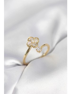 Pileli Store Pilelistore  Gold Renk Zirkon Taşlı Yonca Model Kadın Yüzük