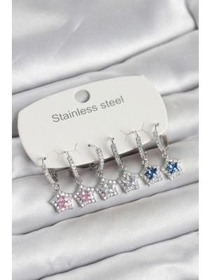 Pileli Store Pilelistore  316L Çelik Gümüş Renk Zirkon Taşlı Yıldız Form 6'lı Set Kadın Küpe