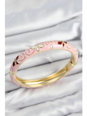 Nacario Mey Ithalat® Mineli Pirinç Pembe Çiçek Motifli Gold Kadın Kelepçe