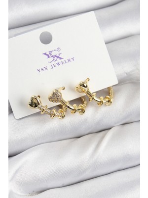 Pileli Store Pilelistore  Pirinç Zirkon Taşlı Kalp Model Gold Renk 3'lü Kadın Küpe