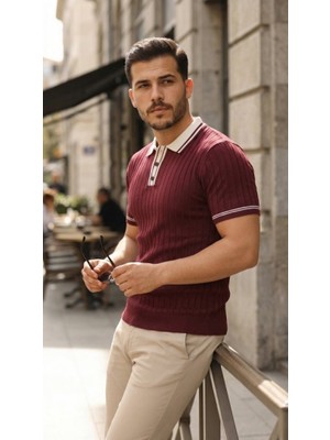 Erkek Düğme Yakalı Kontrast Yaka Triko Tişört