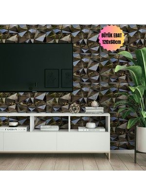 Bella Carpeti 3D Kabartmalı Yeni Nesil Pvc Duvar Paneli Elmas Model Siyah Mermer Desenli Altın Yaldızlı 120X60CM