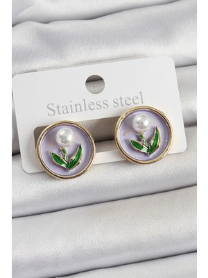 Pileli Store Pilelistore  Pirinç Mor Mineli Lale Figürlü Sanatsal Portre Model Gold Renk Kadın Küpe