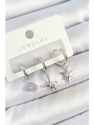 Pileli Store Pilelistore  Pirinç Zirkon Taşlı Kutup Yıldızı Model Gümüş Renk 3'lü Çift Kadın Küpe Set