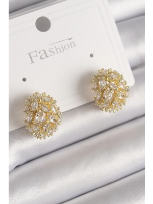 Pileli Store Pilelistore  Pirinç Gold Renk Zirkon Taşlı Kadın Küpe