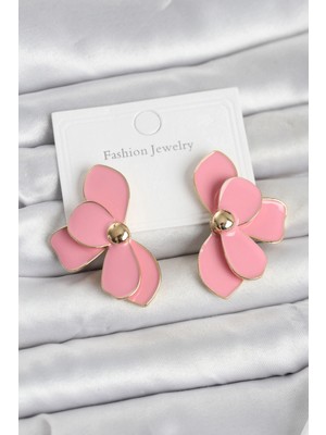 Pileli Store Pilelistore  Pembe Mineli Lotus Model Pirinç Kadın Küpe