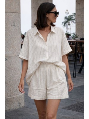 Kadın Kısa Kollu Çizgili Modal Kumaş Gömlek ve Yüksek Bel Lastik Detay Şort Ikili Takım