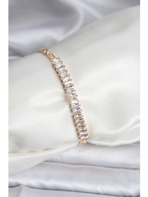 Pileli Store Pilelistore  14K Gold Renk Kaplama Zirkon Taşlı Baget Model cm Kadın Bileklik