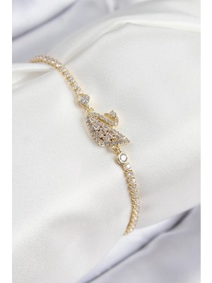 Pileli Store Pilelistore  Pirinç Zirkon Taşlı Kuğu Model Gold Renk Kadın Bileklik