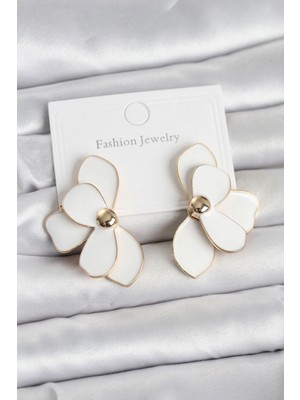 Pileli Store Pilelistore Beyaz Mineli Lotus Model Pirinç Kadın Küpe - TJ-BKP11731