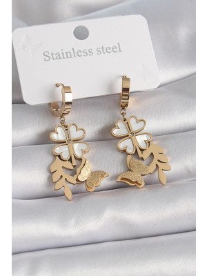Pileli Store Pilelistore  316L Çelik Gold Renk Beyaz Sedefli Yonca Simli Kelebek Figür Kadın Küpe