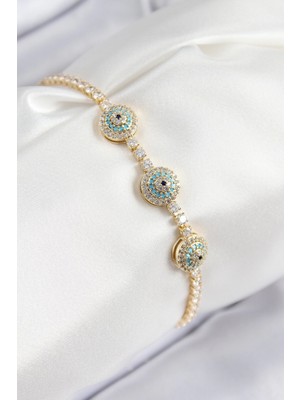 Pileli Store Pilelistore  Pirinç Zirkon Taşlı Nazar Model Gold Renk Kadın Bileklik