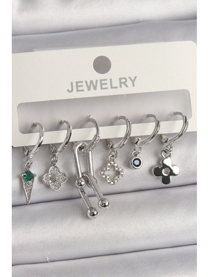 Pileli Store Pilelistore  Pirinç Gümüş Renk Zirkon Taşlı Çoklu Figür Kadın Küpe Seti