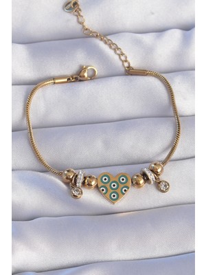 Pileli Store Pilelistore  316L Çelik Gold Renk Zirkon Taşlı Nazarlı Kalp Tasarımlı Bileklik