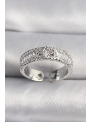 Pileli Store Pilelistore  Pirinç Gümüş Renk Zirkon Taşlı Yıldız Işleme Vıp Seri Kadın Yüzük