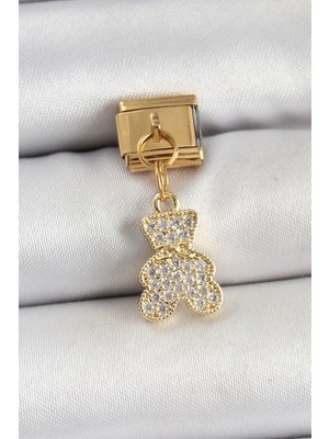 Pileli Store Pilelistore  316L Çelik Sallantılı Zirkon Taşlı Ayıcık Model Gold Renk Nomination Charm