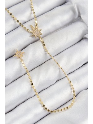 Nacario Mey Ithalat® Pirinç Zirkon Taşlı Ezme Zincirli Kutup Yıldızı Model Gold Renk Y Kolye