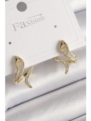 Pileli Store Pilelistore  Pirinç Gold Renk Zirkon Taşlı Yılan Model Kadın Küpe