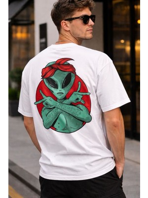 Zueofficial Alien Gangsta Baskılı Beyaz Oversize Tişört %100 Pamuk Erkek Basic Rahat Kalıp Streetwear