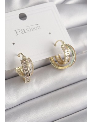 Pileli Store Pilelistore  Pirinç Gold Renk Zirkon Taşlı Halka Model Kadın Küpe