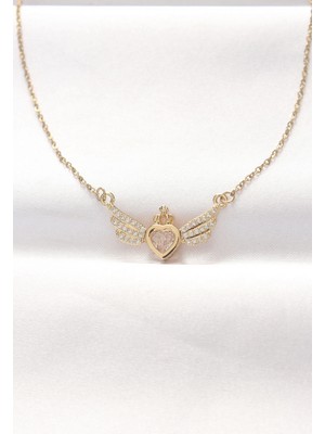 Pileli Store Pilelistore  316L Çelik Gold Renk Zirkon Taşlı Kalpli Kanat Kolye