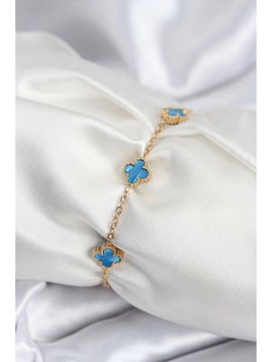 Pileli Store Pilelistore  316L Çelik Gold Renk Buz Mavisi Baby Boy Yonca Kadın Bileklik