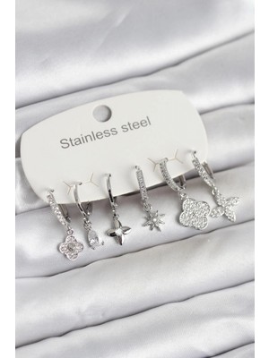 Pileli Store Pilelistore  316L Çelik Gümüş Renk 6'lı Set Yonca Model Kadın Küpe