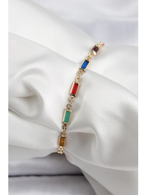 Pileli Store Pilelistore  Pirinç Gold Renk Karışık Renkli Kare Zirkon Taşlı Kadın Bileklik