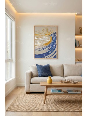 Tontilika Sıcak Tonlarda Soyut Dalga ve Güneş Kompozisyonu Dekoratif Ahşap Çerçeveli Tablo – Doğa Tema
