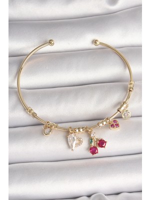 Pileli Store Pilelistore  Pirinç Gold Renk Sallantı Kırmızı Zirkon Taşlı Kiraz Figür Charm Kadın Bileklik