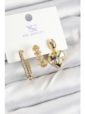 Pileli Store Pilelistore  Pirinç Zirkon Taşlı Kalp Model Gold Renk 3'lü Kadın Küpe