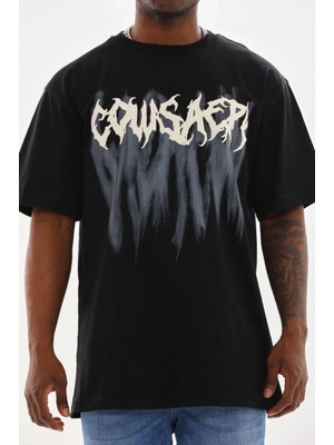 Pileli Store Baskılı Oversize T-Shirt - Siyah -