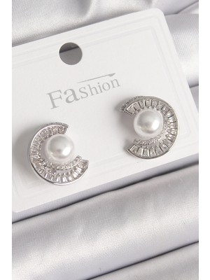 Pileli Store Pilelistore  Pirinç Gümüş Renk Zirkon Taşlı Salyangoz Model Inci Detay Kadın Küpe