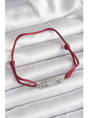 Pileli Store Pilelistore  Kırmızı Ipli Asansörlü Zirkon Taşlı Gümüş Messika Model Kadın Bileklik