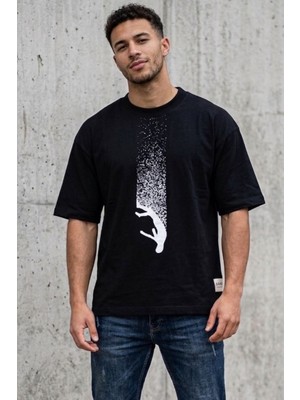 Zueofficial Erkek Siyah Oversize Sırt Baskılı Günlük Bisiklet Yaka Basic T-Shirt