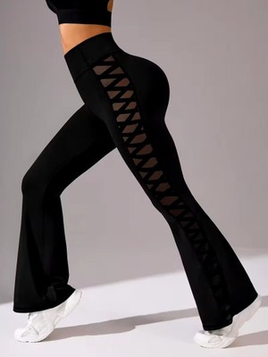 Kadın Yüksek Bel Yanları Çapraz Tül Detaylı Dalgıç Tayt